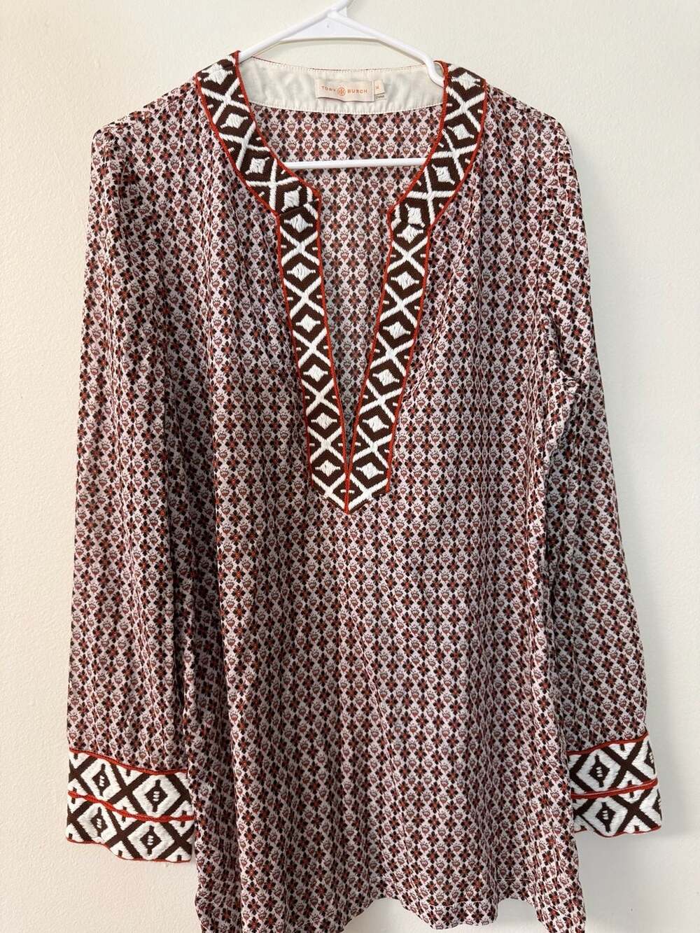 Tory Burch Geometric Print Long Sleeve V-Neck Tunic, Size 14